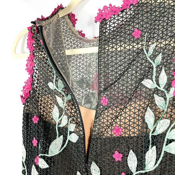 Marchesa Black Pink Floral Column Dress Embroidered Back Zip Sleeveless Sz 0 - Picture 11 of 12